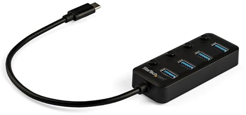 StarTech 4-Port USB-C Hub mit 4x USB-A, 5Gbps, Schalter (HB30C4AIB) | Einzelschalter pro Port, USB 3.0 Erweiterungshub, Desktop, Laptop, Splitter, USB-betrieben, LED
