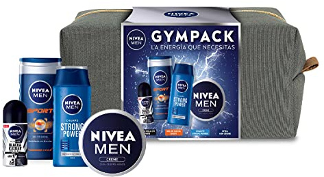 NIVEA MEN Neceser Gimnasio Gympack, neceser de regalo con gel de ducha (1 x 250 ml), champú (1 x 250 ml), desodorante roll on (1 x 50 ml) y NIVEA MEN Creme (1 x 75 ml)