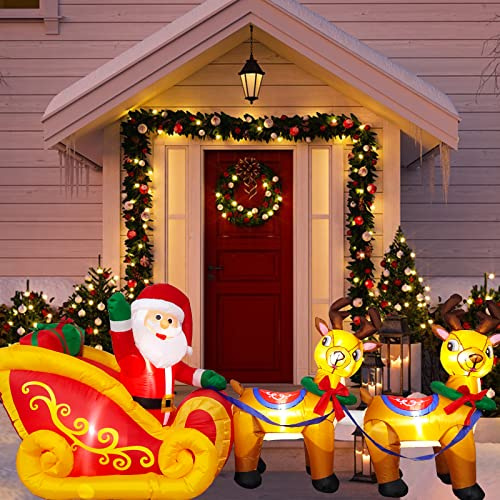 Kalolary 8 Fuß Lange Weihnachts Aufblasbare | Weihnachtsaufblasbarer Weihnachtsmann auf Schlitten Weihnachten Outdoor Innendekoration für Haus Familie Rasen Garten Party