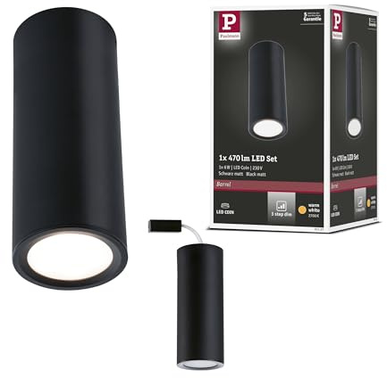 Paulmann 93107 LED Deckenleuchte Barrel rund 6W 470lm dimmbar 100° 3-Step-Dim 60mm Schwarz matt Metall 2700K Aufbauleuchte inkl. wechselbarem LED-Coin