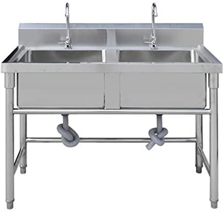 Küchenspüle Freistehende Edelstahl Spültisch 2 Becken Set mit Wasserhahn Für Küche Werkstatt Bauernhaus Verpflegung (120X60X80cm/47.2X23.6X31.4in)