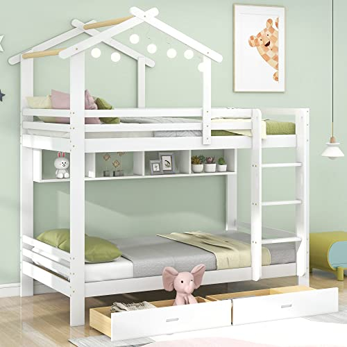 Kayan Etagenbett mit Schubladen und Regalen, Hausbett mit dreistufige rechtwinklige Leiter, Kinderbett mit Fallschutz und Gitter, Rahmen aus Kieferholz, Weiß (90x200cm)