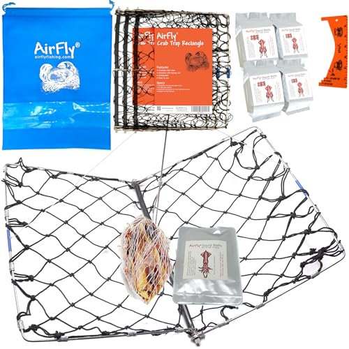 AirFly Foldable Crabjaw Trap with Bait Clip - Redesigned Rectangle Castable Crab Hawk Pot/Ring for Dungeness and Blue Crabs in FL, OR, WA, TX, and CA, Designed in San Francisco, USA
