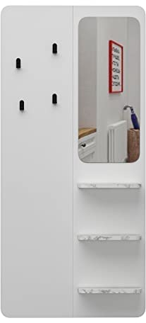 Flurgarderoben Set,Garderobenständer,Kleiderständer,Flurregal,Kompaktgarderobe mit Spiegel für Ihren Eingangsbereich,Buket,Holz,hängend,Weiß,Marmor Optik,4 Haken 3 Regale, 70 x 150 x 15 cm 9246