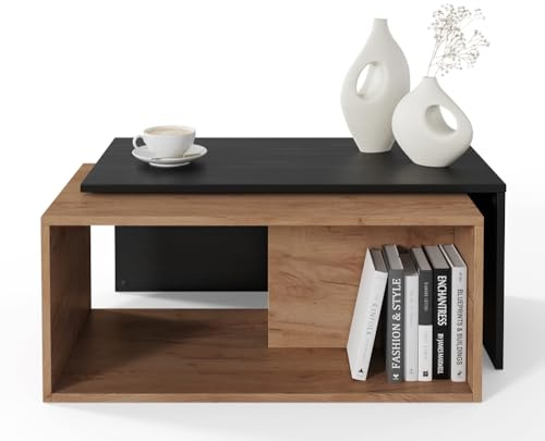 PLATAN ROOM Lot de 2 Tables Basses Salon gigognes avec Rangement 90 x 48 x 40 cm Table d'appoint avec Rangement Chêne