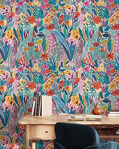 Coloritto Scandinavian Floral Wallpaper | Removable Self Adhesive Botanical Wallpaper | Colorful Peel and Stick Wallpaper (Sample 12 W x 8 H)