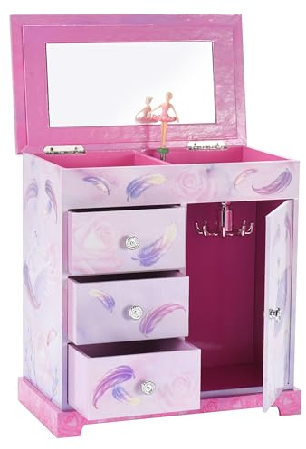 Jewelkeeper Pink and Purple Ballerina 3 Drawers Jewelry Box for Girls - Little Girl's Wooden Jewelry Box with Necklace Carousel - for Kids or Teen Necklaces and Accessories