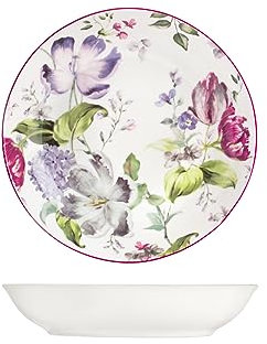 H&H Madam Set 12 Piatti Fondi, Porcellana, Decoro Floreale, Bianco, 21cm