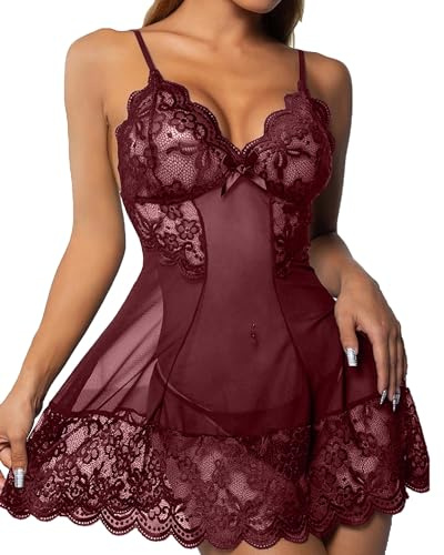 Yutdeng Babydoll Lingerie Negligee Donna Intimo Stampa Pizzo con Scollo a V Sleepwear Babydoll e G-String Set Lace Lingerie Trasparente Biancheria Intima con Perizoma Camicia da Notte