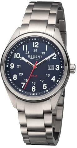 REGENT Reloj de hombre solar de titanio con correa de eslabones analógico, 10 ATM F-1538