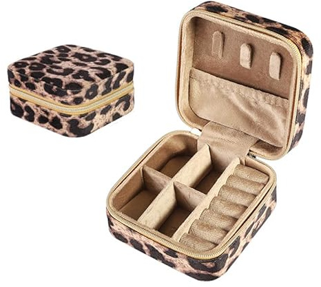 BSLVWG Schmuck-Box, Kleine Reise Organiser für Halskette, Ohrringe, Armbänder, Ringe - Samt Leopard Aufbewahrungskoffer, Geschenk für Mädchen und Frauen (Leopard)