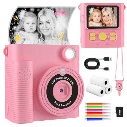 CKATE Kids Camera Instant Print, 1080P HD Instant Print Camera with 2 Shutters, Print Photo Paper & 32G SD Card, Birthday Chirstmas Gifts Toys for Girls 3-12 Years Old - Pink