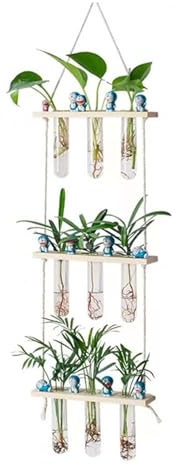 Xafrstyu Hängende Propagation Station, 3 Stufen Wandvase Reagenzglas, Vase Vermehrungsstation, für Hydrokultur Pflanzen, Vintage Dekovase, Mit Holzregal, für Hause, Büro, Wohnzimmer, Küche (Beige-M)