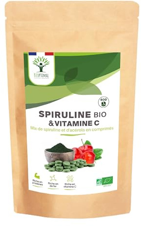 Spiruline + Acérola Bio - Complément Alimentaire - Enrichi En Vit. C et Magnésium - Meilleure Absorption Du Fer - Energie Immunité - 500mg - Fabriqué En France - Certification Ecocert - 600 Comprimés