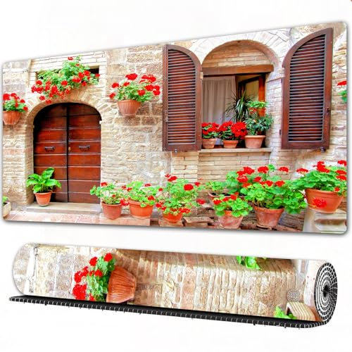 EOMKSE Mauspad Verlängertes großes Mauspad Schreibtischauflage,genähte Kanten Mauspad,Gummibasis,Italienische Hausfassade mit bunten Topfblumen,Gaming-Mauspad,40x90 cm