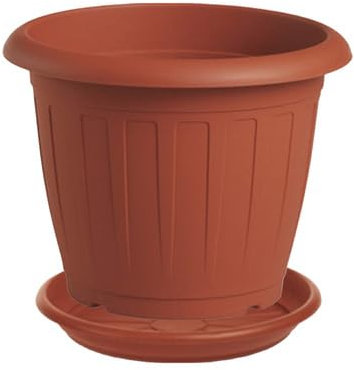 Generico Vaso cm 22 rotondo rigato per fiori e piante + Sottovaso 18 cm, Plastica Color Terracotta - Esterno, Giardino, Balcone