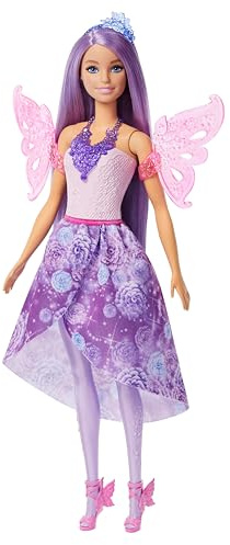 Barbie Moda fantasía Pack Muñeca con ropa y accesorios, muñeca con 8 accesorios, como cola de sirena, alas de hada, collares de la realeza, zapatos y más de 10 looks, JCP74