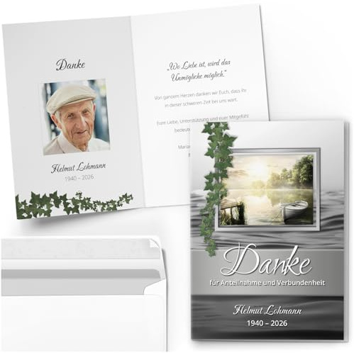10 personalisierte Trauer Danksagungen Dankeskarten mit eigenem Text & Foto | individuell anpassbare Trauerkarten mit Briefumschlägen | Efeu See Boot edel silber Look