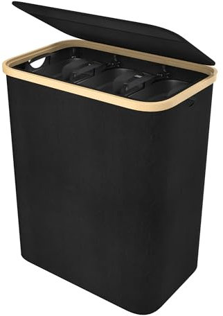 FIVMEN Wäschekorb 3 Fächer Wäschesammler Wäschesortierer mit Deckel und 3 Waschbarer Wäschesack Wäschebox Wäschesack aus Oxford-Gewebe für Waschküche Bad 140L, Schwarz