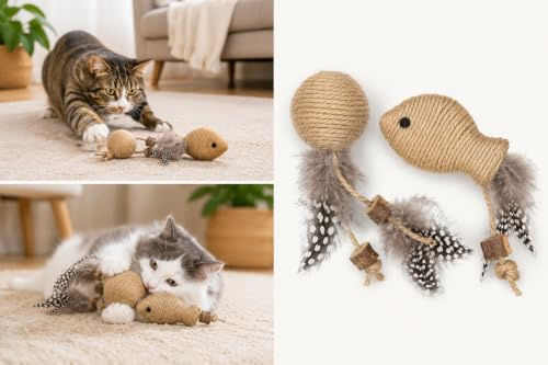 Flamingo Katzenspielzeug – Yutsa Ball & Fisch – 15cm – Matatabi-Holz & Jute – mit Rasselgeräusch & Federn – braun – Spielzeug für Katzen