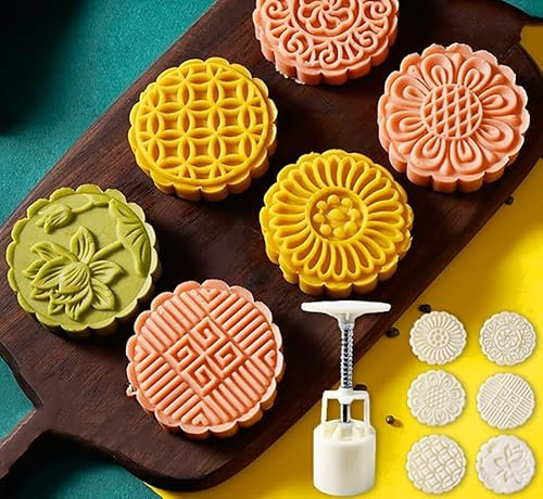 GZKDKZB Mooncake Mould Press with 4/6 Stapms,DIY Cookie Cutter 50g/75g/100g Flower Press Mooncake Mould Hand Pressure Mooncake Baking Tools for Muffin Fondant Cupcake Dessert,Mid-Autumn Festival