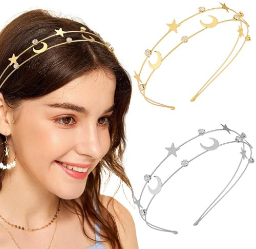 Calkkrer 2 Stück Haarreifen, Mond & Fünfzackige Sterne Headbands, Hochzeits Haarschmuck für Damen, Elegante Haarbänder mit Strass & Kristall, Haarschmuck für Mädchen
