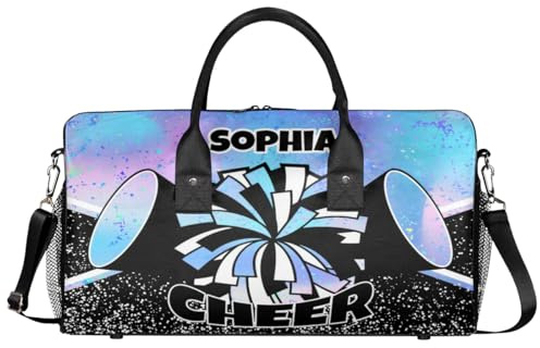 Mintoprints Personalisierte Cheer-Tasche für Cheerleader, individuelle Sporttasche, Turnbeutel, Reisetasche, Übernachtung, Wochenendtasche, Blau/Pink, 17.4x8.3x9.5, Cheerleading