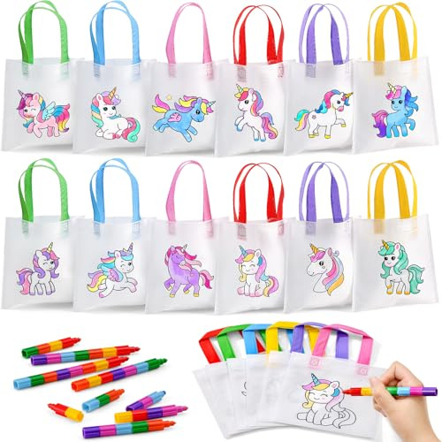 Toyssa 12pcs Bolsas Unicornio para Pintar para Niños con Crayones Apilables Set Manualidades DIY Detalles de Fiesta Regalos para Cumpleaños Regalitos Cumpleaños Invitados Niños