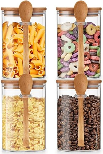Unbreakable - Glass Jars with Airtight Bamboo Lid and Spoon, 4Pcs 39OZ Overnight Oats Containers, Kitchen Canisters, Glass Food Storage Containers for Coffee Beans, Flour, Sugar, Cookie,Pasta