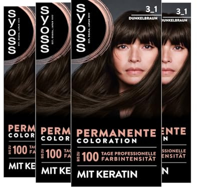 Syoss Coloration 3_1 mörkbrun (4x 115 ml), permanent färgning med keratin ger professionell färgintensitet upp till 100 dagar, 100 % täckning av grått hår