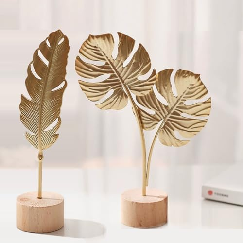 KARLOR 2 Stück Goldene Feder & Schildkrötenblatt Statue Deko, Heim Ornamente Skulpturen Metall Blätter Gold, Wohnzimmer Tischdeko Nachttisch Desktop Deko Nordischer Stil Geschenk