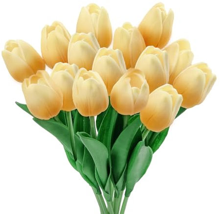 FAINCA 15 Pezzi Tulipani Finti Fiori Artificiali, Lunghezza 34cm Tulipani Artificiali Realistici, Tulipano Vero Tocco per Bouquet For Diy Bouquets Wedding Party (Champagne)