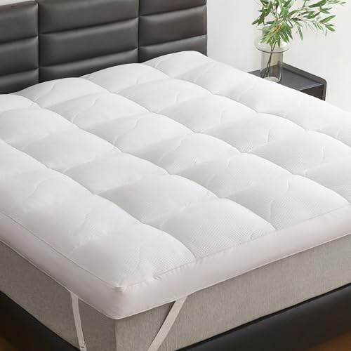 LeWinBedding Dual Layer 5 Inch Goose Feather Mattress Topper Queen Size, 4 Inch Goose Feather Plus 1 Inch Down Alternative Pillow Top, Medium Firm Featherbed with Adjustable Straps(60x80, Wavy)