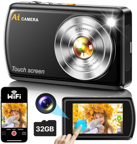 AI Intelligent Appareil Photo Numérique avec WiFi, Appareil Photo Autofocus avec Écran Tactile IPS de 3,6 Pouces avec Carte SD de 32 Go pour Les Enfants, Les Adolescents, Les Adultes et Les Débutants