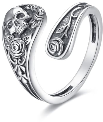 YAFEINI Skull Spoon Ring 925 Sterling Silver Gothic Adjustable Skull Rose Flower Statement Ring Vintage Victorian Jewellery for Women