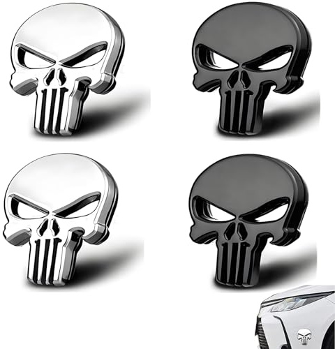 4 Pieces Skull Stickers, Skull Aufkleber 3D, Punisher Skulls, Metal 3D Aufkleber Auto, for Motorcycle, Bicycle, Car Styling DIY Decoration Accessories (Black, Silver)