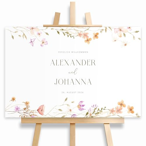 HEI Print Willkommensschild Hochzeit mit bunten Blumen, mit Datum und Namen, personalisierte Hochzeitsdeko, Willkommen Schild, Leinwand, Flower 60x40