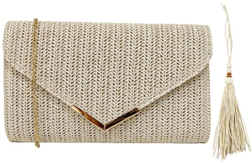 XFSRG Sac à Main Femme en Paille Élégant avec Chaîne Détachable Pochette et Clutch pour Soirée Mariage Cocktail Mode et Chic (Blanc cassé + A)