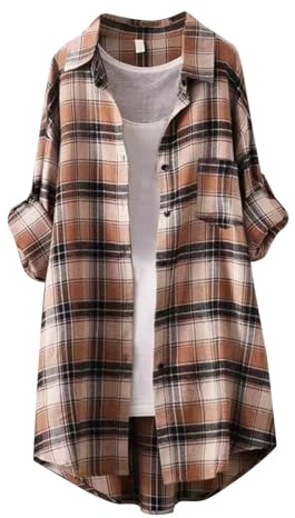 Generisch Chemise à carreaux 2025 2024 pour femme - Moyenne et longue - Style lâche - Style paresseux - Chemise à carreaux, kaki, M