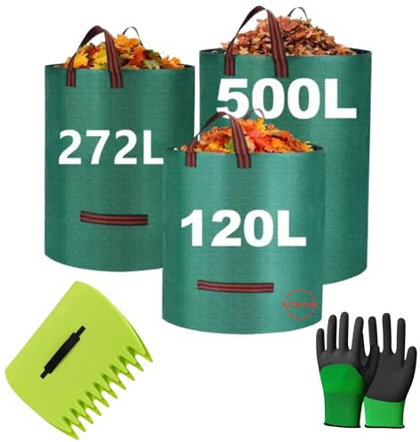 Krukmak - Lot de 3 sacs de jardin 120L 272L 500L + ramasse-feuille + gants – Sacs de déchets verts pliables, solides et réutilisables pour feuilles mortes, tonte et jardinage - Kit Complet