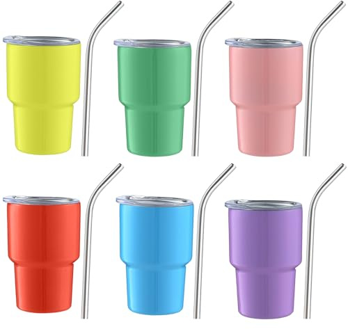 Tel Charme * Confezione da 6 mini bicchieri da 85 g con cannuccia e coperchio, in acciaio inox, a doppia parete, isolati, per sublimazione, matrimoni, cocktail bar, feste e viaggi