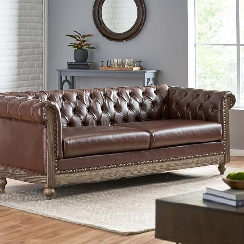 AOPNOMU 78.75''Chesterfield Sofa Couch, Mid Century Modern Tufted Sofa with Rolled Arms and Nailhead, 3-Seat PU Upholstered Couches with Solid Wood Legs for Living Room Office, Dark Brown