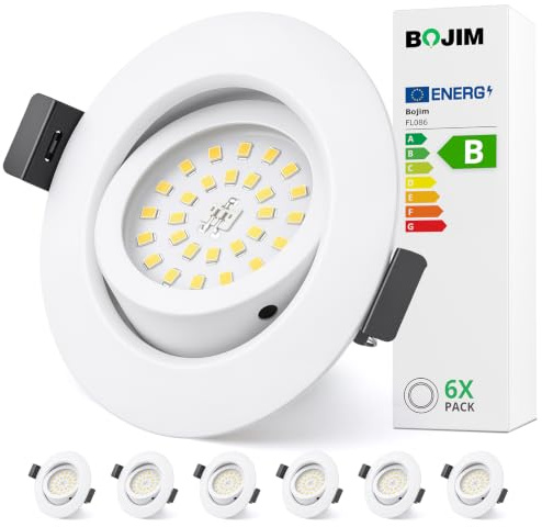 Bojim Spot LED Encastrable Blanc Classe Énergétique B IP44 Salle de Bain | Spots de Plafond 4.7W, Blanc Naturel 4000K, 230V, Trou Ø 68mm - 80mm, Pour Cuisine Salon Chambre, Lot de 6