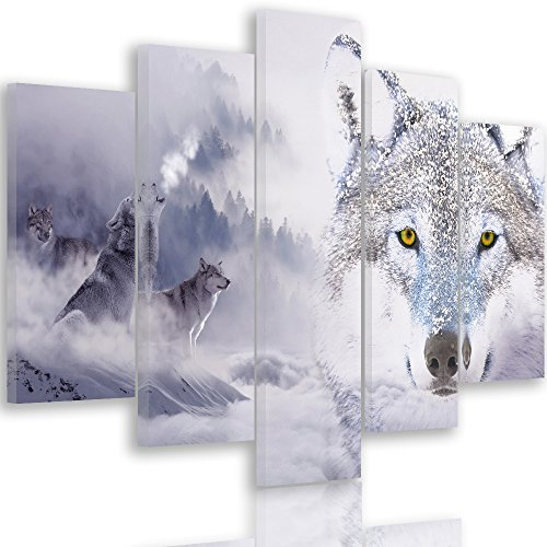 Feeby. Leinwandbild - 5 Teile - Bilder, Wand Bild, Wandbilder, Kunstdruck XXL, 5-Teilig, Typ A, 100x70 cm, Wolfs, MODERN, DOPPELTE BELICHTUNG, Wald, WEIß, GRAU