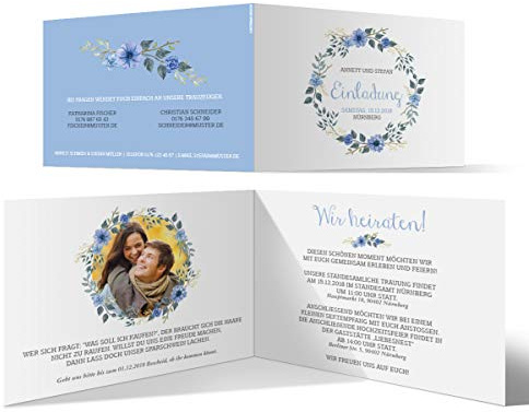 20 x Hochzeitseinladungen Einladungskarten individuell A6 Klappkarten - Blaue Blumen