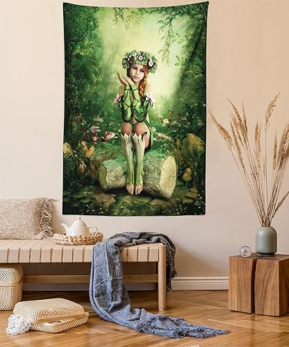 ABAKUHAUS Fee Wandteppich, Elf Mädchen mit Kranz Baum aus Weiches Mikrofaser Stoff Waschbar ohne Verblassen Digitaldruck, 110 x 150 cm, Grün Beige Rosa