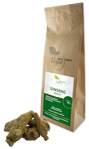 VITA IDEAL Vegan® GINSENG - Wurzel 50g - Panax Ginseng - 6 Jahre alt/weiße GINSENGWURZEL getrocknet - Tee - Tinktur & Aufguss, ohne Zusatzstoffe.