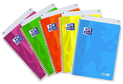 Favorit Quaderno Spiralato A4, Rigatura Quadretti 4mm, Carta 90G/Mq, Pacco da 5 Pezzi, Colori Fluo Assortiti