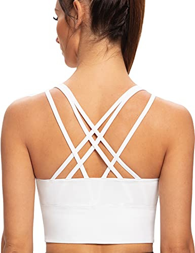 AGONVIN Dam Longline Yoga Vadderad Strappy Medium Support Träningsträning Top Sports BH vit XL