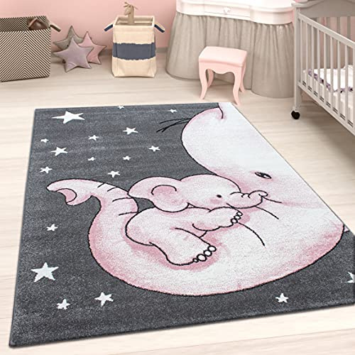 Viva Rugs Kids Rug Pink Grey Animal Nursery Carpet Soft Woven Girls Bedroom Rug Baby Playroom Mat (Pink Grey White Elephant, 160x230cm (5'3x7'7))